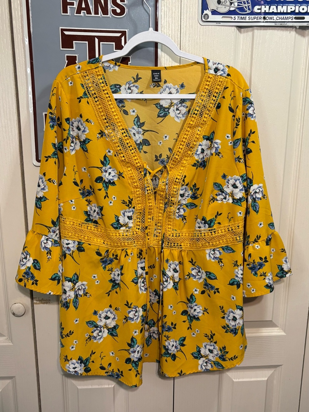 Shein Curve Yellow Floral Lace-Trim Boho Top